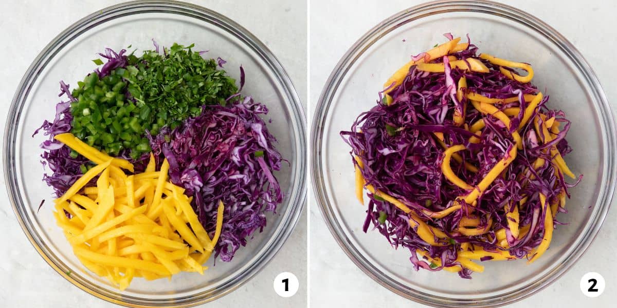 2 image collage of slaw in a bowl before and after tossing together.