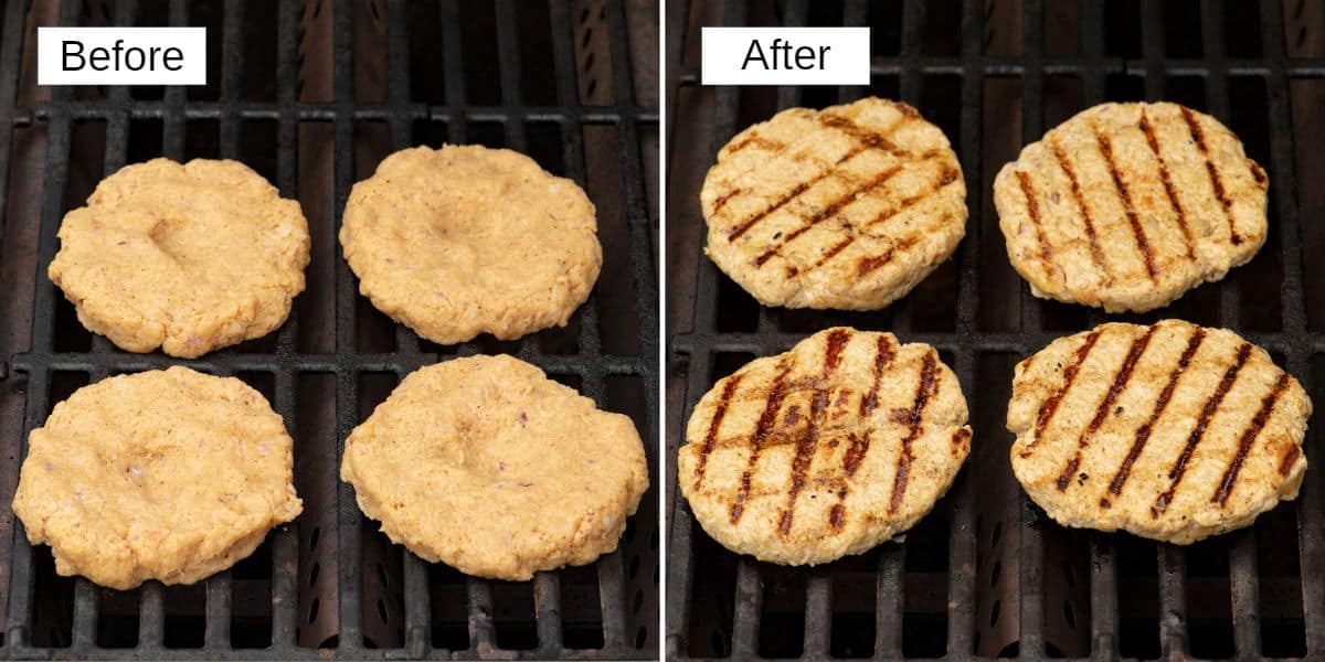 Before and after collage of burger patties on the grill.