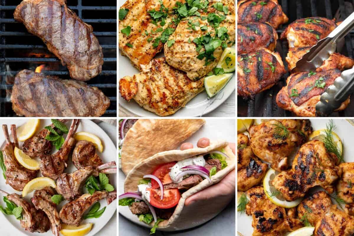 6 image collage of dinner recipes for grilling.