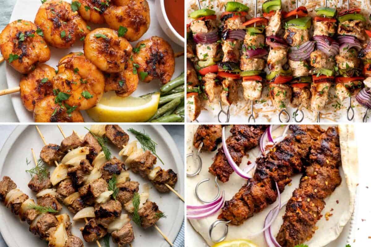 4 image collage of meat skewers for grilling.