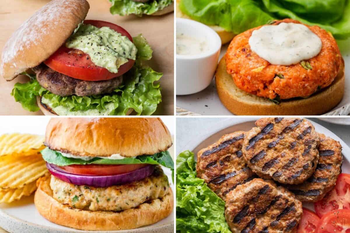4 image collage of different burgers.