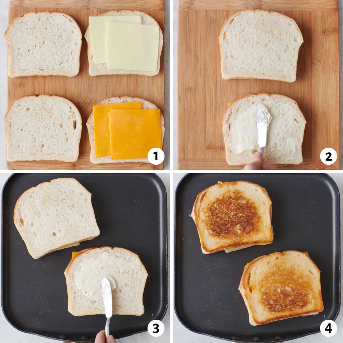 4 image collage making recipe: 1- add sliced cheese to bread slices, 2- sandwiches closed with a knife adding butter to one side, 3- sandwiches, buttered side down, on a griddle with a knife adding butter to the other side, 4- sandwiches after grilling.