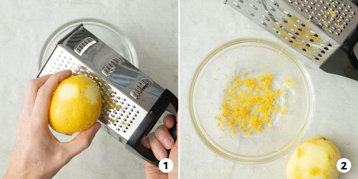 2 image collage showing a box grater zesting lemon over a bowl and after with box grater on surface next to a zested lemon.