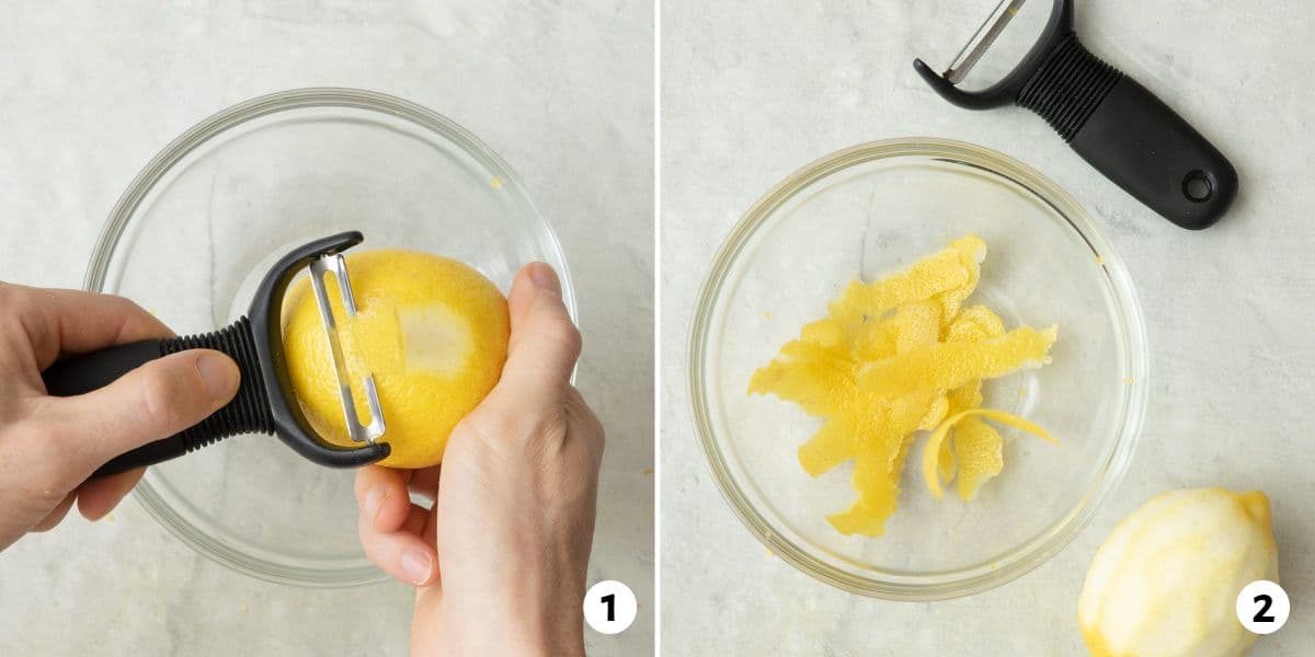 2 image collage showing a peeling strips of zest from a lemon over a bowl and after with peeler on surface next to a zested lemon.