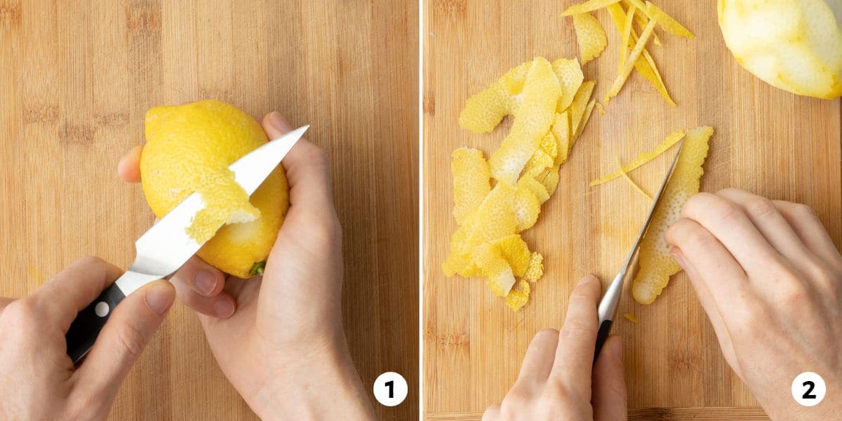 2 image collage of a hand holding a lemon and slicing off the zest into strips and then cutting the strips into thinner strips.