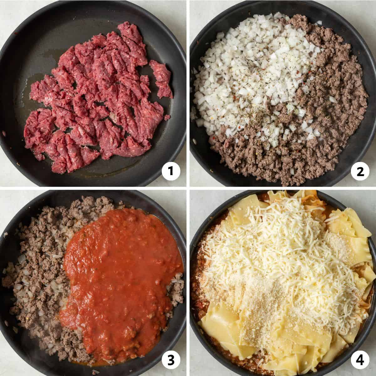 4 image collage making base for recipe: 1- ground beef in a skillet before cooking, 2- after browning and crumbling beef with onion and seasonings added, 3- marinara added, 4- cooked lasagna pasta pieces added with cheese on top before tossing together.