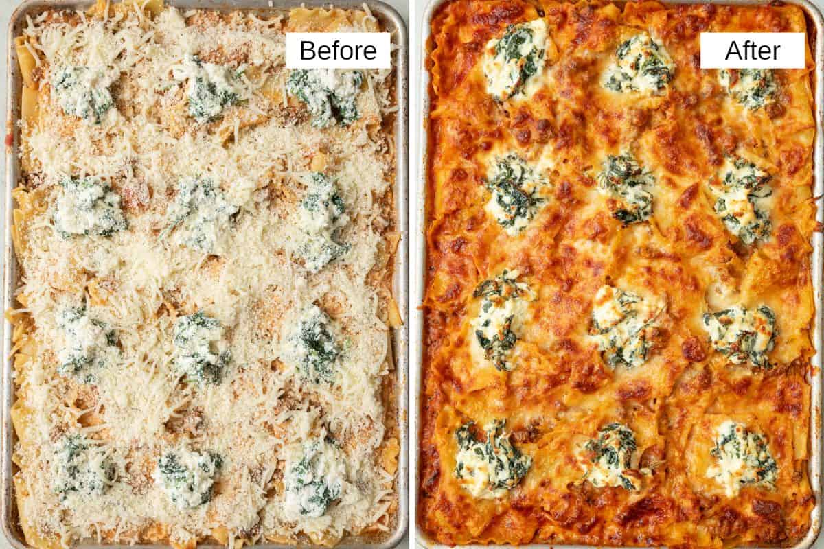 2 image collage of recipe on a sheet pan topped with dollops of ricotta mixture and cheese before and after baking.