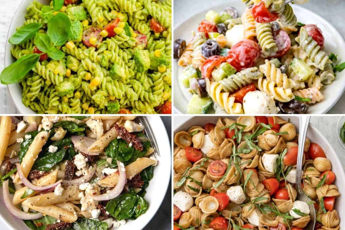 4 image collage of cold pasta recipes.