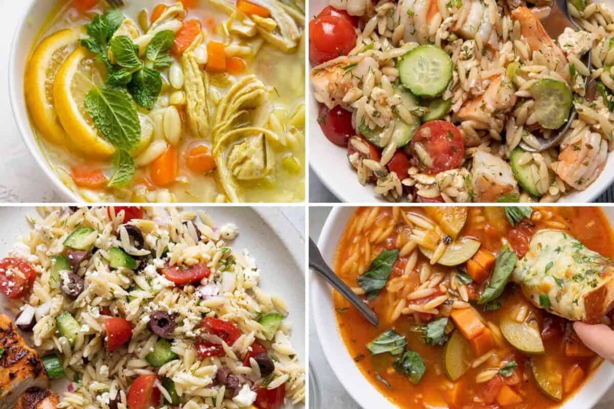 4 image collage of orzo recipes.