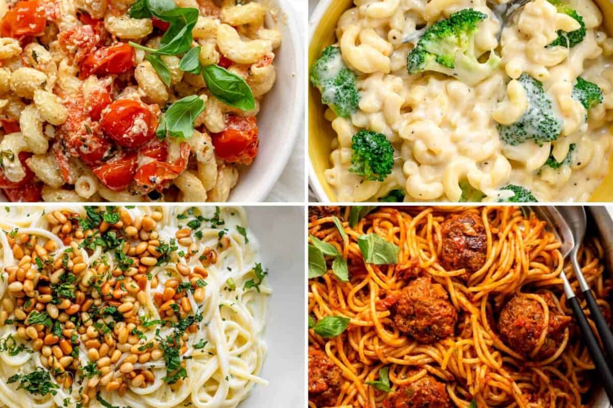 4 image collage of popular pasta dishes.