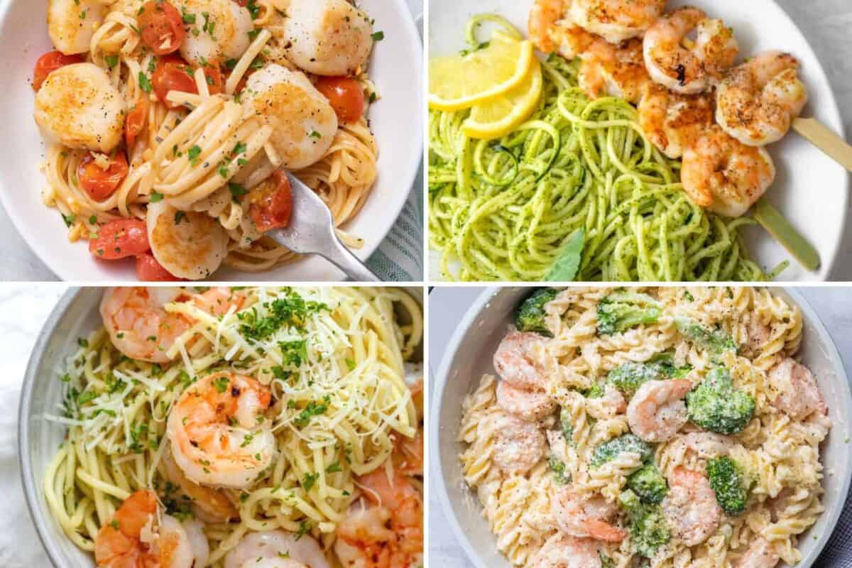 4 image collage of seafood recipes.