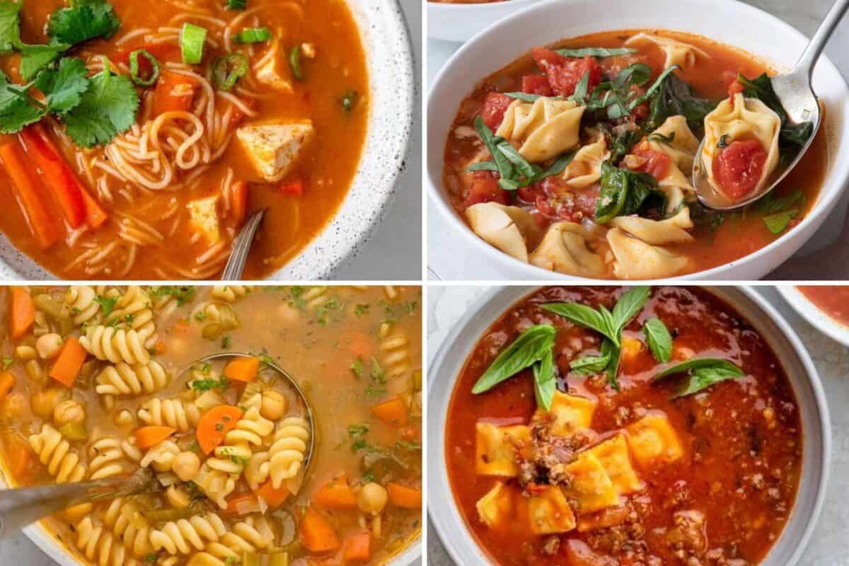 4 image collage of noodle soup recipes.