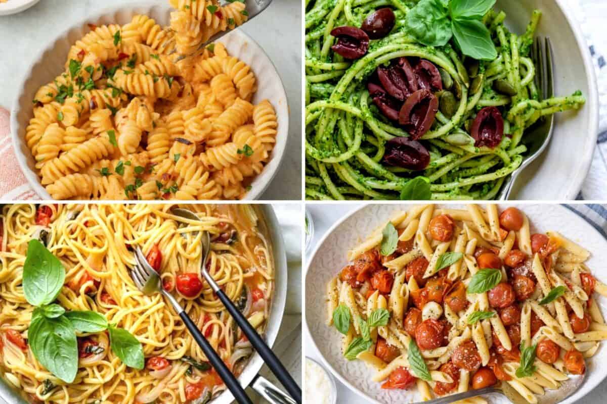 4 image collage of vegetarian sauces.