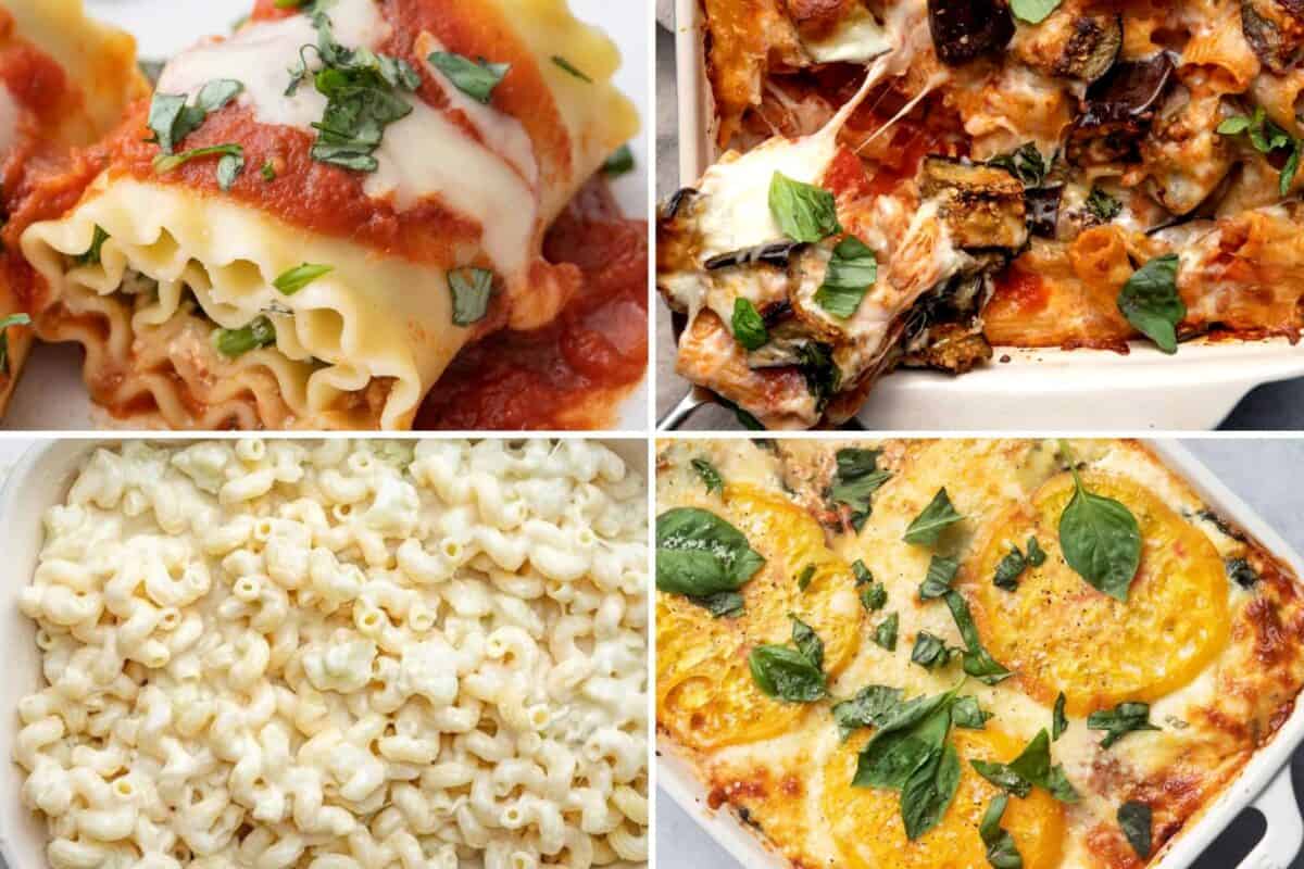 4 image collage of vegetarian baked pasta recipes.