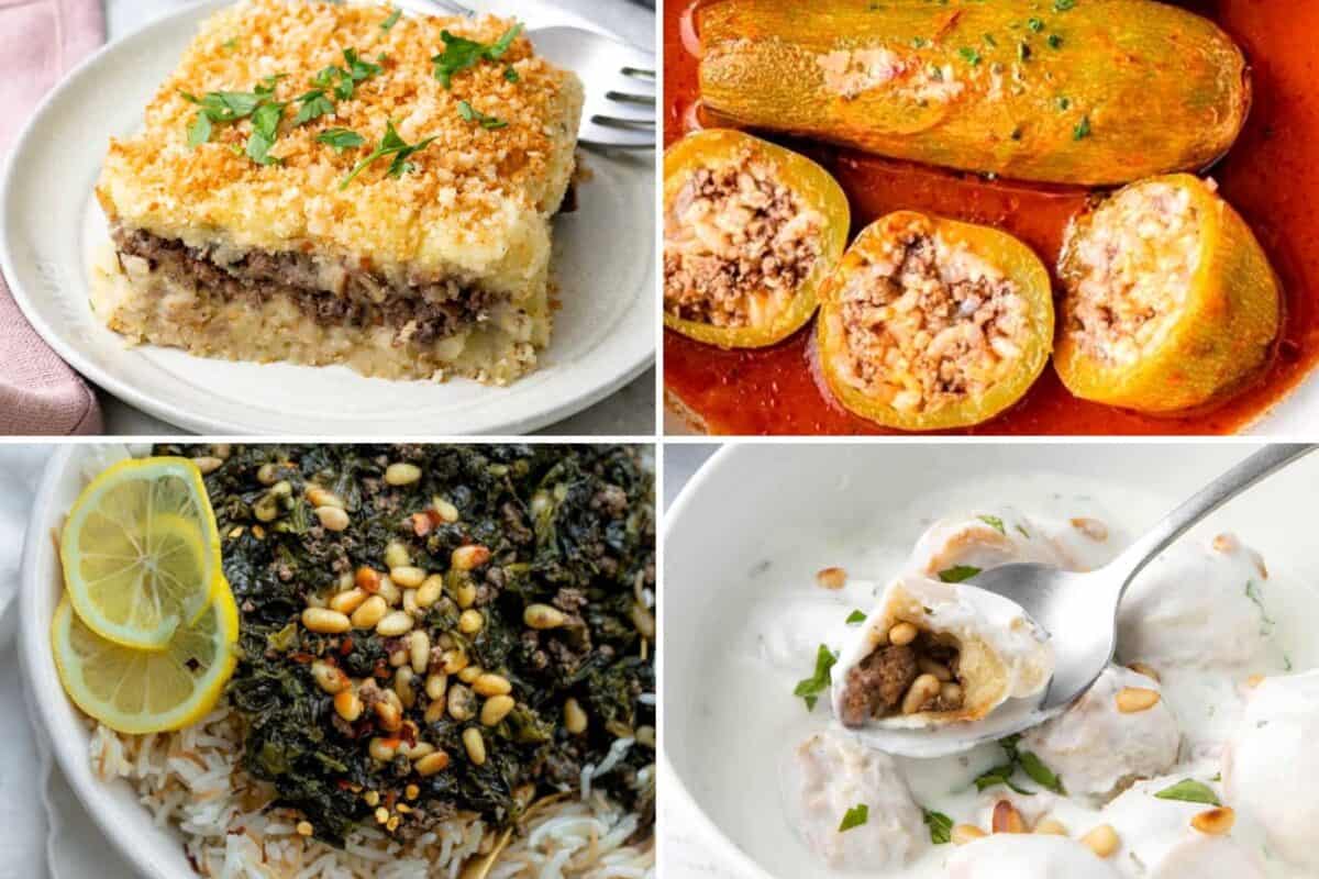4 image collage of Lebanese recipes made with ground beef.