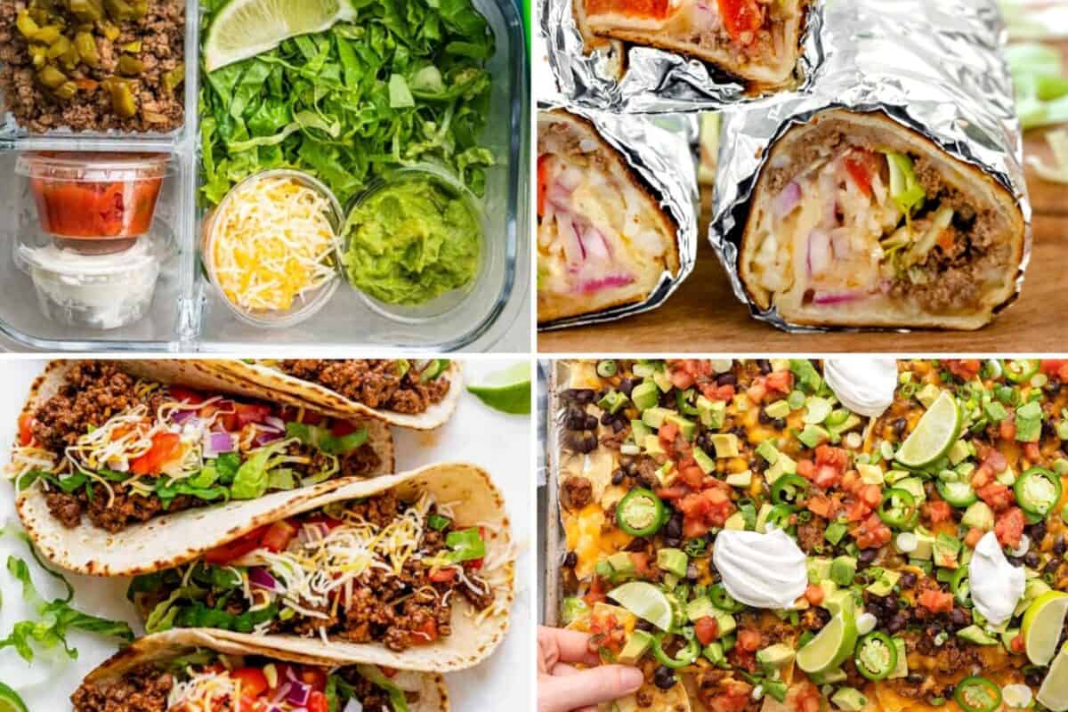 4 image collage of beef Mexican recipes.