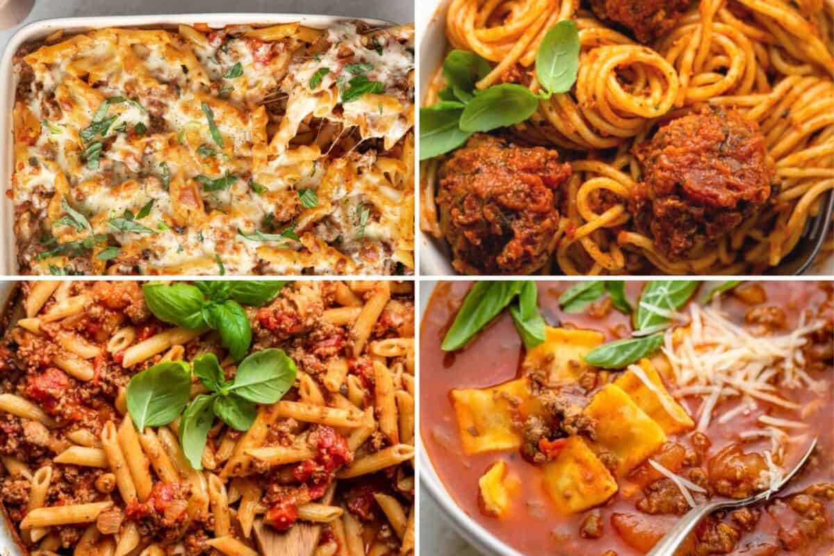 4 image collage of meat pasta recipes.