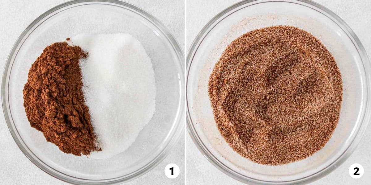 2 image collage of cinnamon and sugar before and after mixing together.