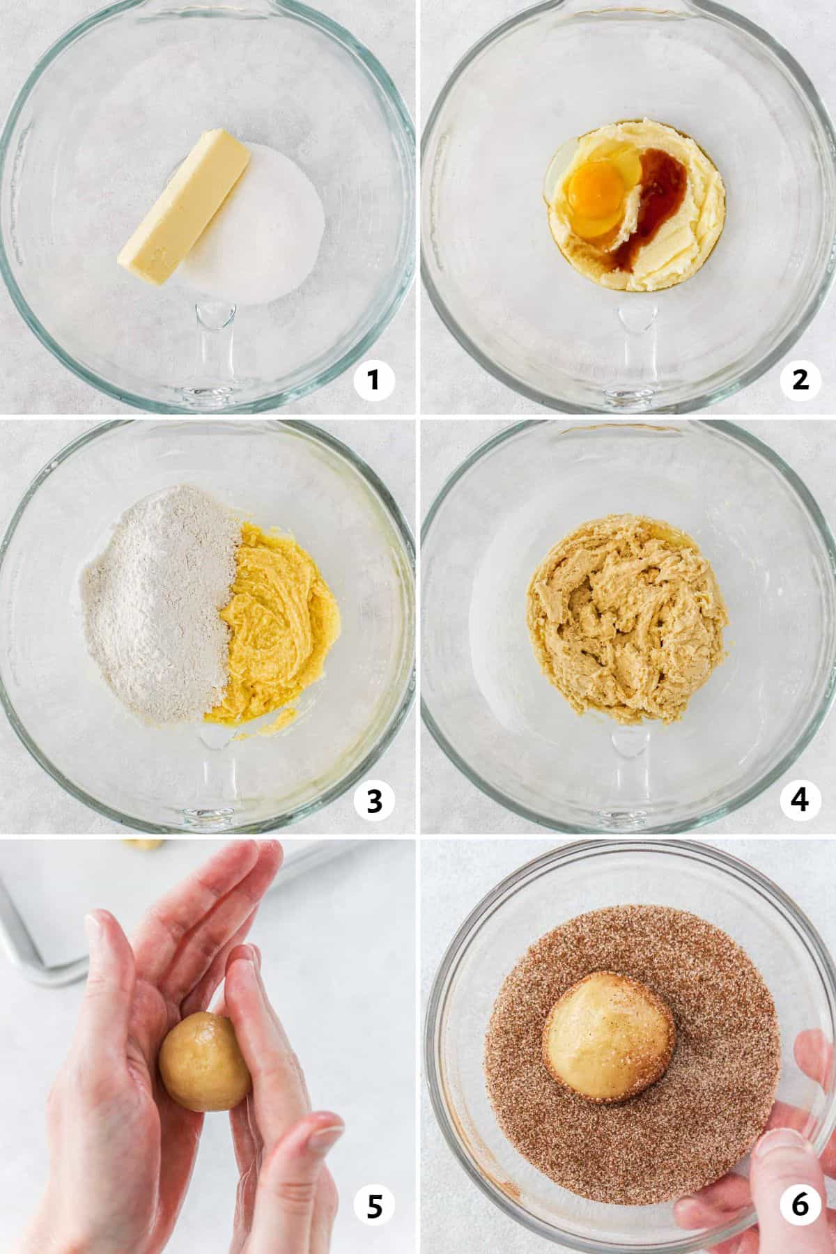 6 image collage making recipe: 1- butter and sugar before creaming together, 2- after creaming with an egg and vanilla added, 3- after combining with flour added on top, 4- after combined, 5- hand rolling a cookie dough ball between palms, 6- rolling cookie dough ball in cinnamon sugar.