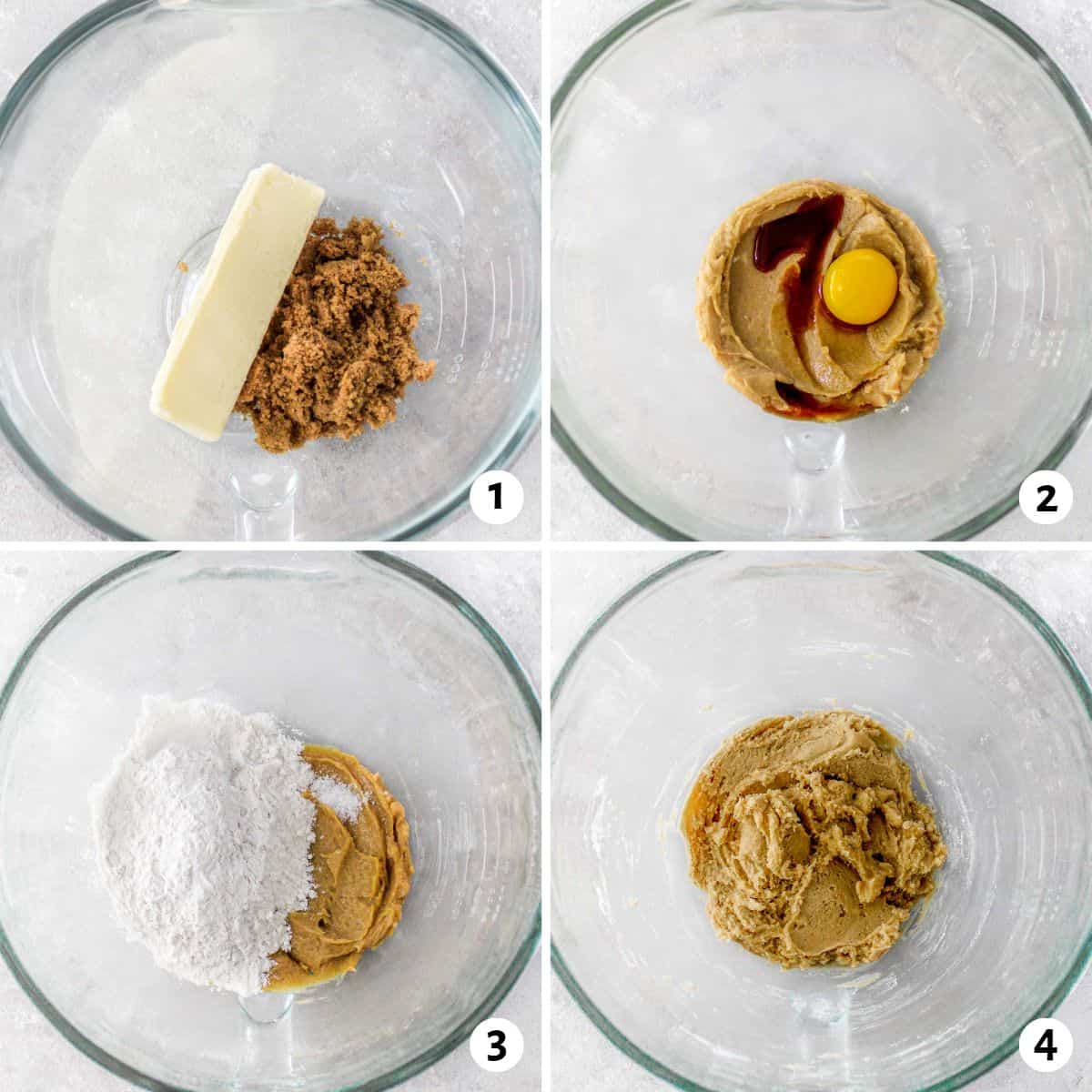 4 image collage making dough: 1- butter and brown sugar before creaming together, 2- after creaming with an egg and vanilla added, 3- dry ingredients added to mix, 4- final dough.