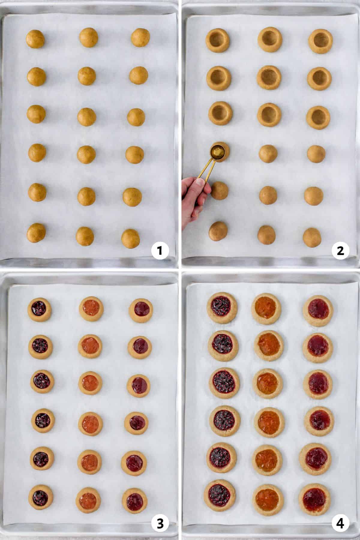 4 image collage: 1- cookie dough balls on a parchment lined baking sheet, 2- a small spoon pressing indentions into cookie dough balls, 3- jam filled inside before baking, 4- cookies after baking.