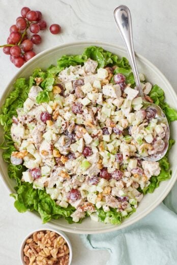 Waldorf salad on top of leafy lettuce in a large shallow bowl with a spoon dipped in and extra grapes and walnuts nearby.