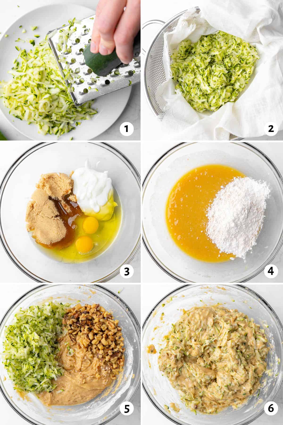 6 image collage making batter: 1- grating zucchini with a box grater on to a plate, 2- grated zucchini on top of towel in a mesh strainer, 3- wet ingredients added to a bowl, 4- after mixing with dry ingredients added, 5- batter with walnuts and drained grated zucchini added, 6- batter after fully combined.