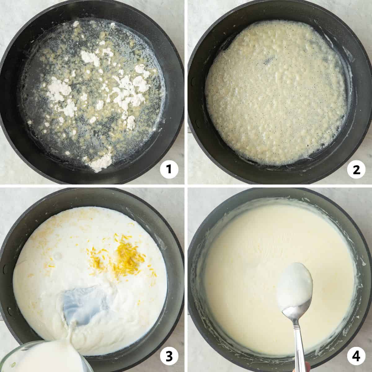 4 image collage making sauce: 1-melted butter and flour sprinkled in a pan, 2- roux after browning lightly, 3- milk and lemon zest added, 4- sauce after thickened.