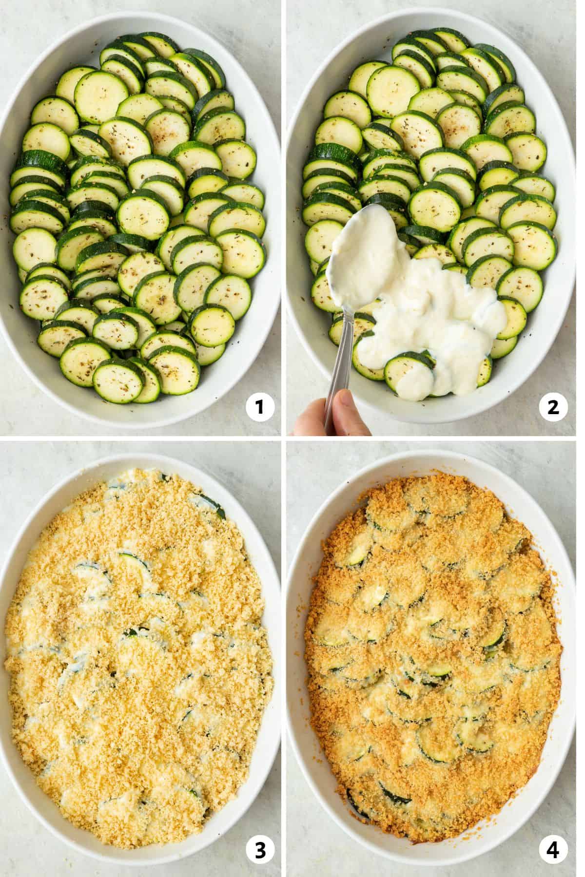 4 image collage making recipe in an oval baking dish: 1- sliced zucchini with seasoning arranged in dish, 2- cream sauce being spoon over slices, 3- breadcrumb and parmesan added on top before baking, 4- after baking.