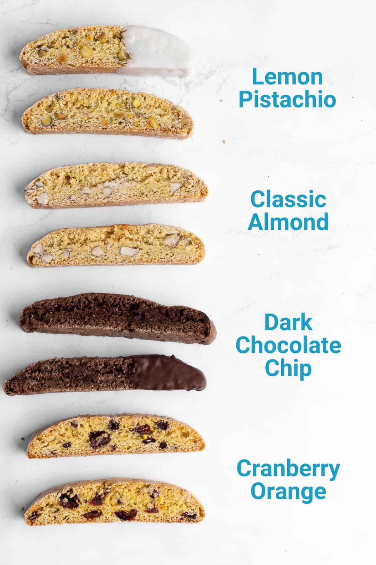 Biscotti cookies four ways: lemon pistachio, classic almond, dark chocolate chip, and cranberry orange. Two of each flavor lined up vertically with text.