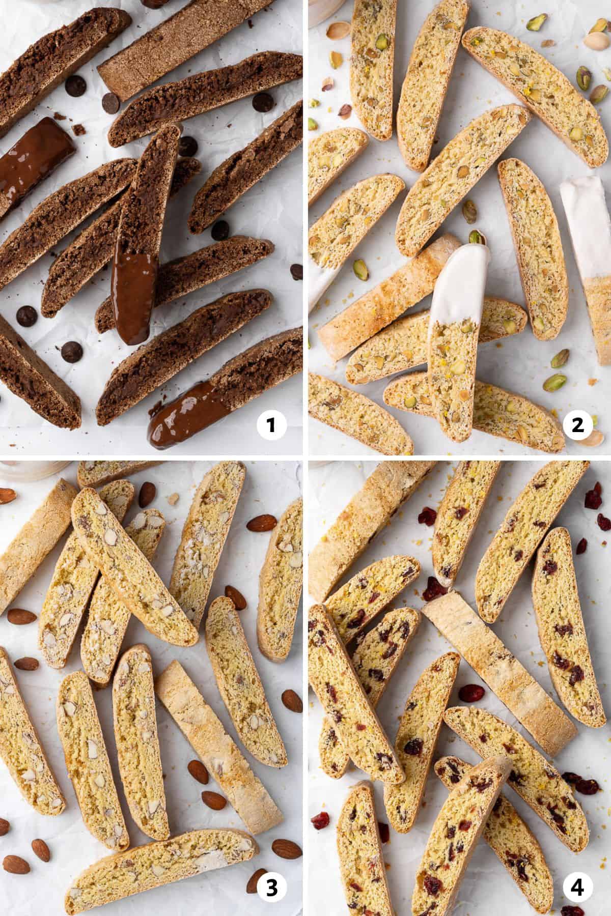 4 image collage of 4 different biscotti flavors.