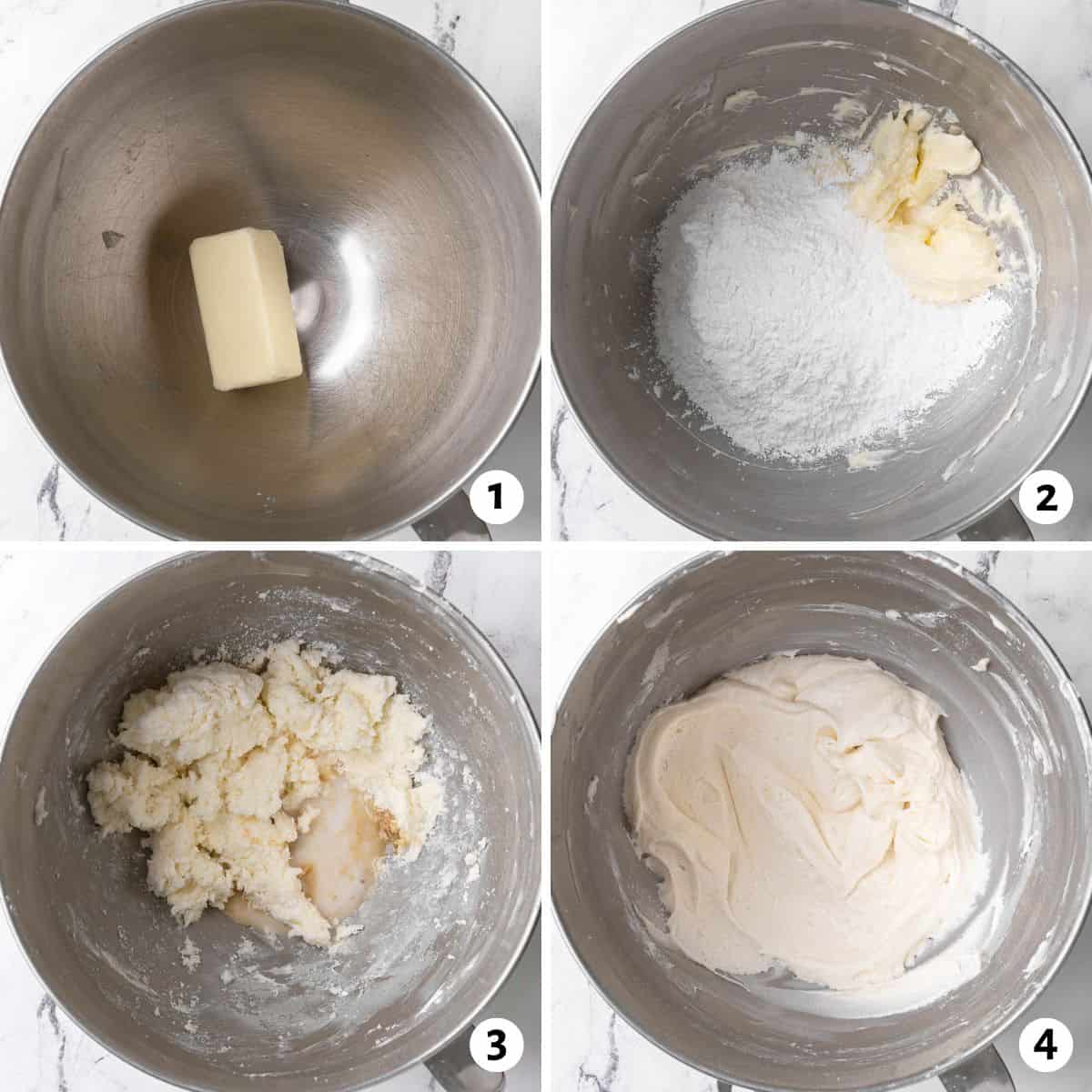 4 image collage making recipe in a stand mixer bowl: 1- butter added to bowl, 2- after creaming with powdered sugar added, 3- after combined with remaining ingredients added, and 4- after frosting is completely combined.