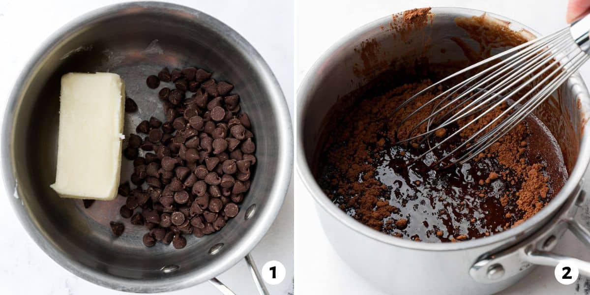 2 image collage melting chocolate in a pot.
