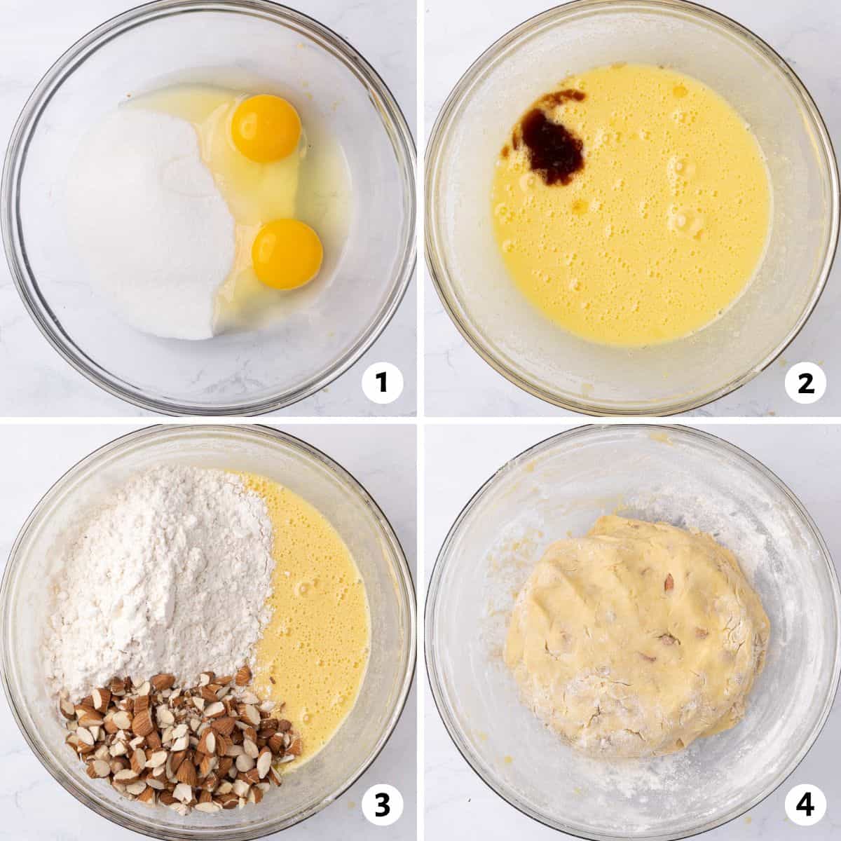 4 image collage preparing dough: 1- eggs and sugar in bowl, 2- after mixing with vanilla added, 3- flour and pecans added, 4-dough after mixing.