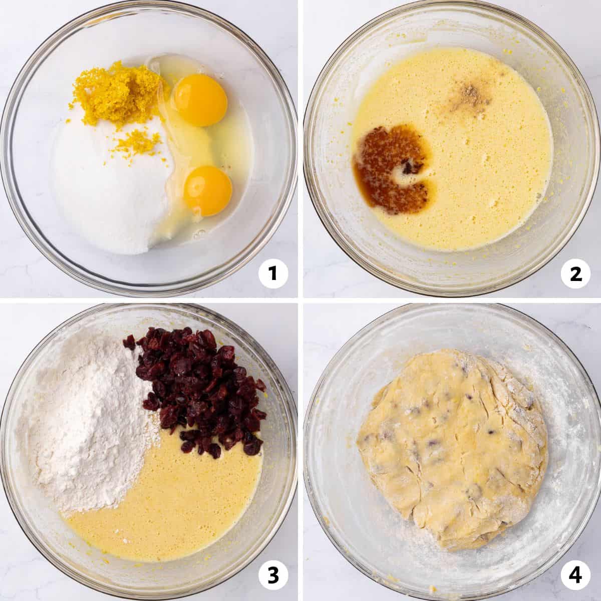 4 image collage preparing dough in a bowl: 1- eggs, zest, and sugar in a bowl, 2- after mixing with vanilla added, 3- flour and cranberries added, and 4- dough after combined.