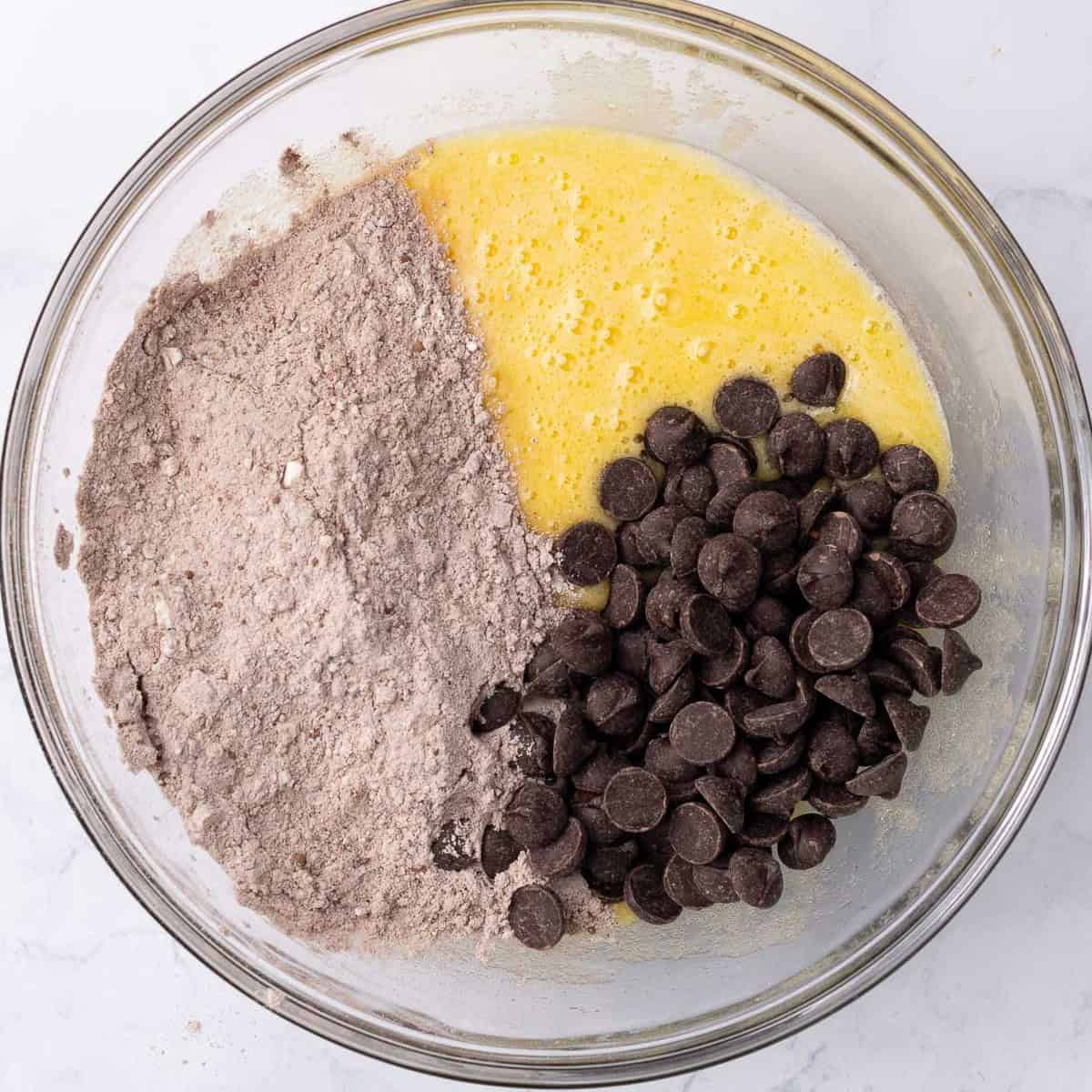 Flour mixture and chocolate chips added.