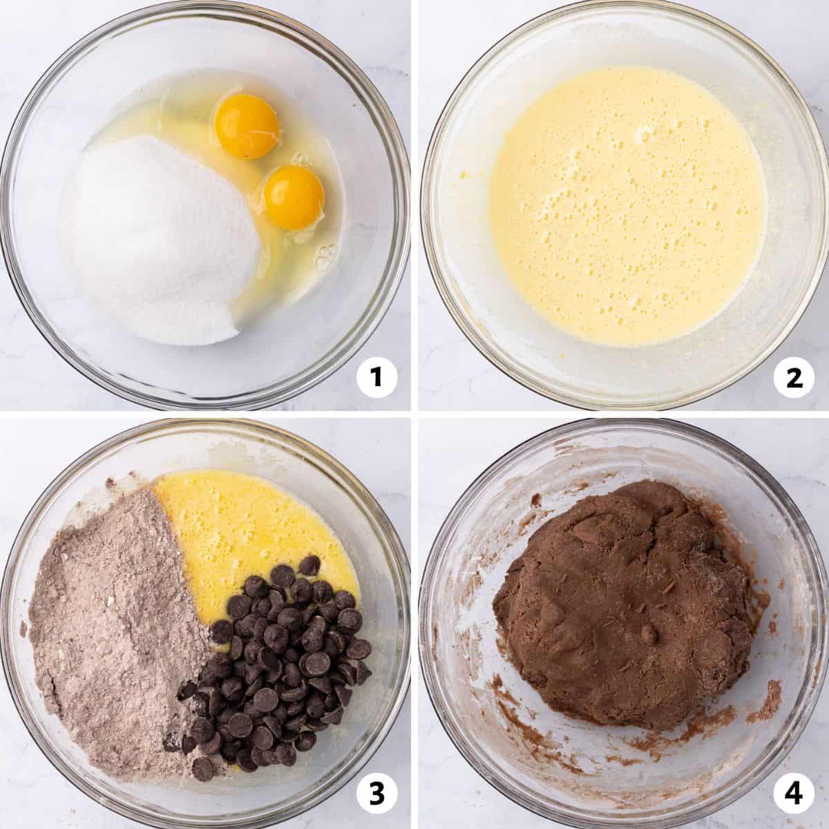 4 image collage making recipe: 1-eggs and sugar in a bowl, 2- after combining, 3- dry ingredients and chocolate chips added, and 4- dough after mixing.