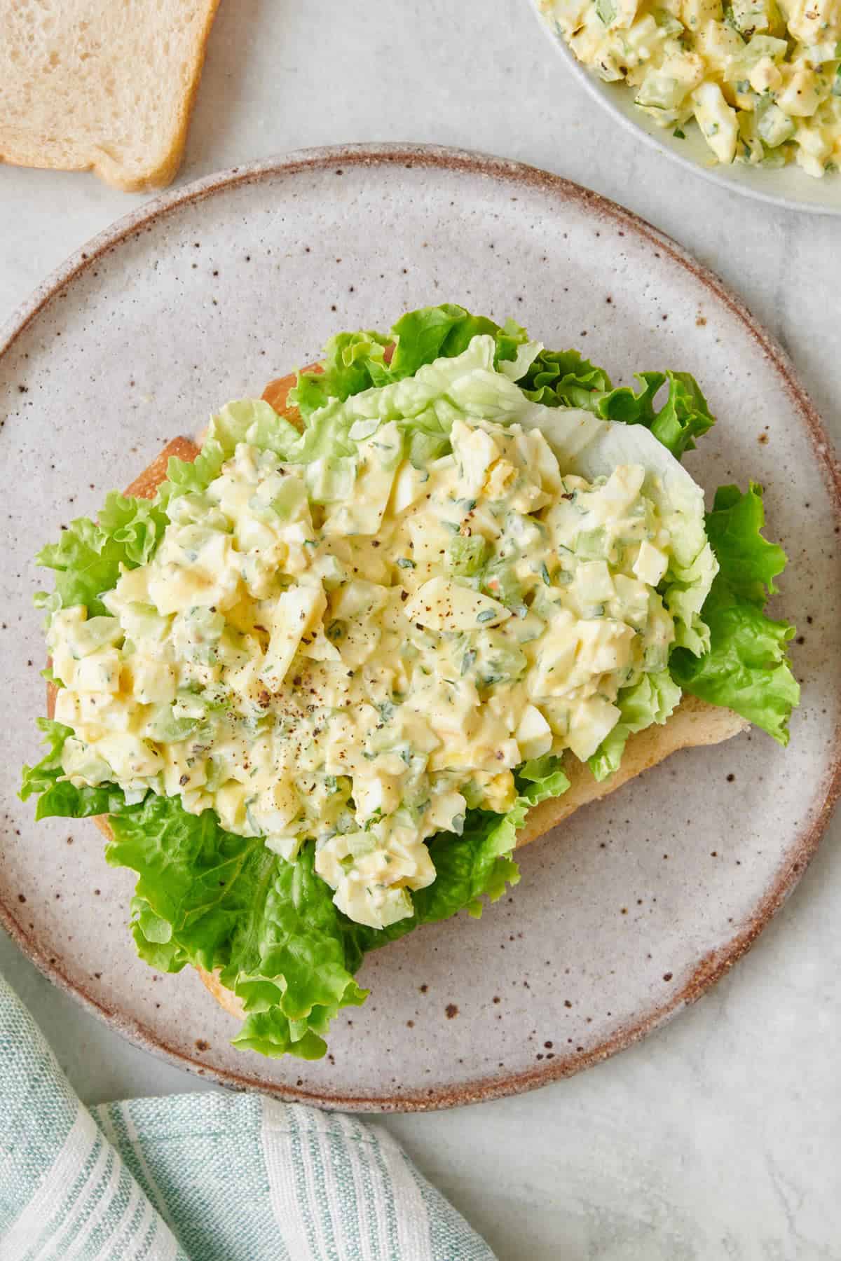 Egg salad on an open faced sandwich with lettuce.