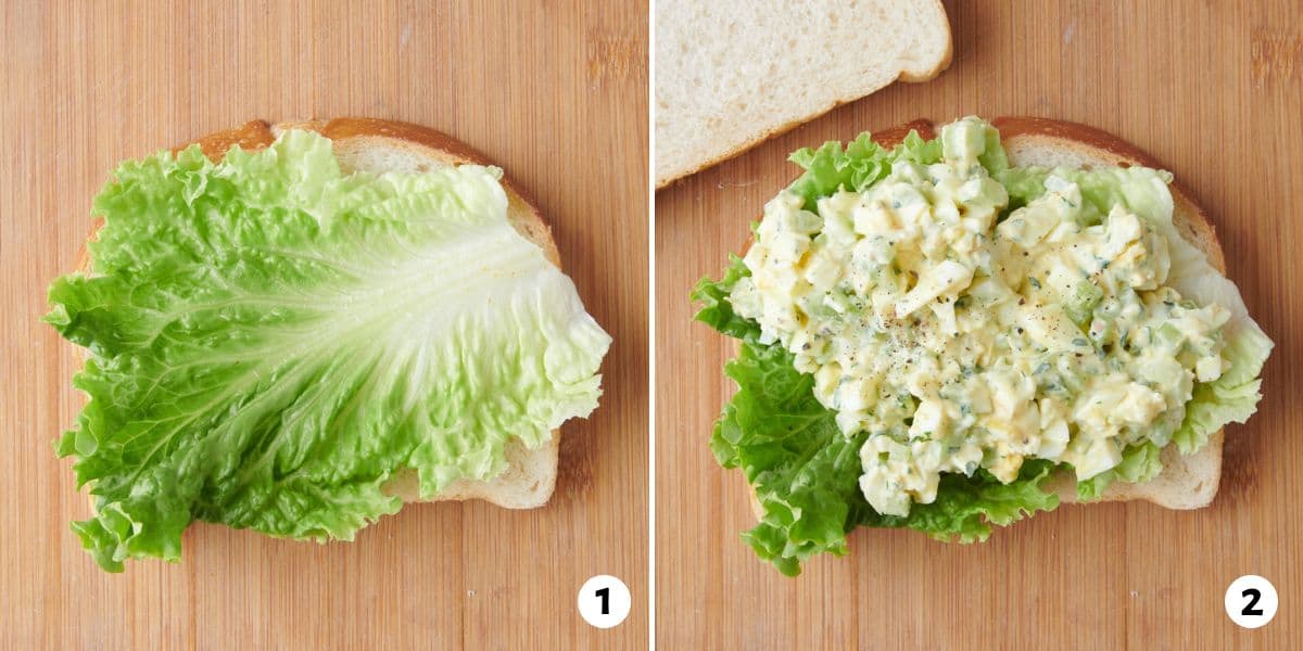 2 image collage making recipe: 1- lettuce on a slice of bread, and 2- egg salad added on top.