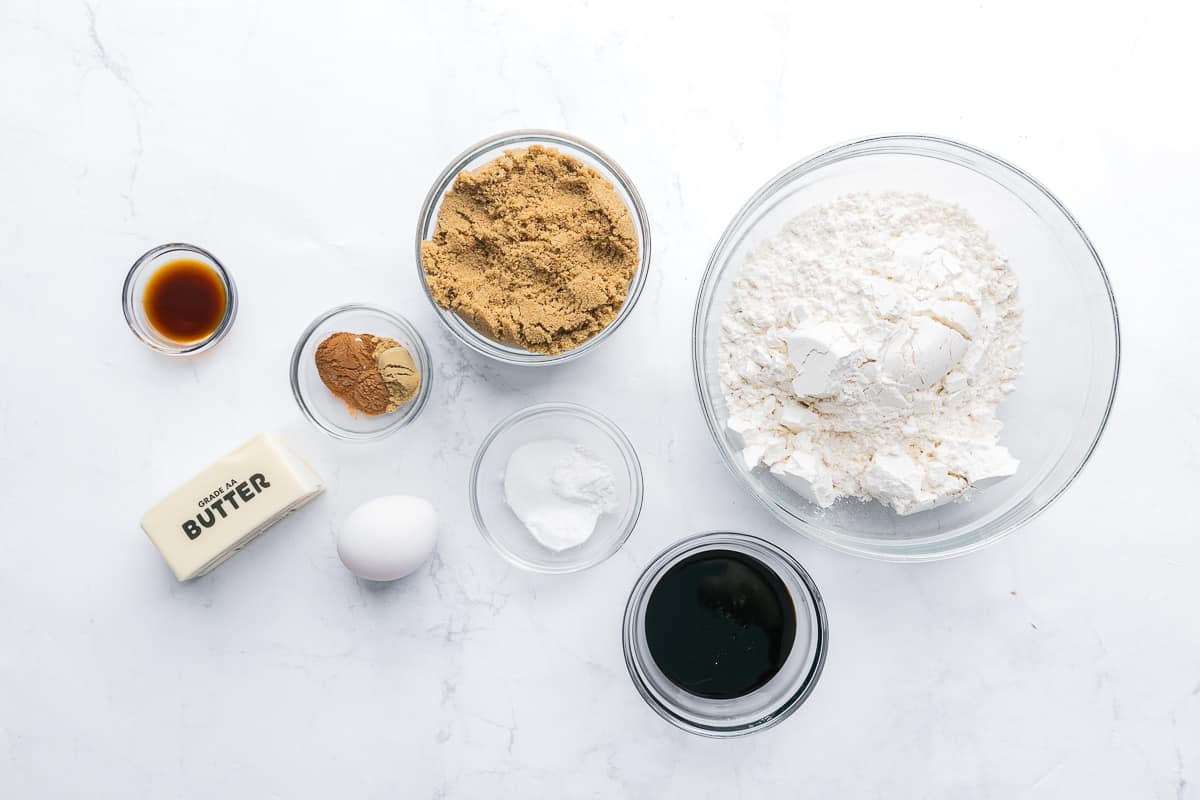 Ingredients for recipe: vanilla, seasonings, brown sugar, egg, salt and rising agents, molasses, and flour.