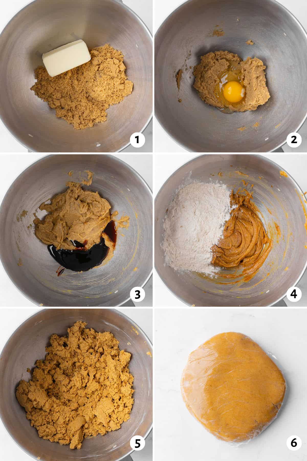 6 image collage making recipe in the bowl of a stand mixer: 1- butter and sugar added, 2- after creamed together with an egg added, 3- after combining butter and egg with vanilla added, 4- after mixing with dry ingredients added, 5- cookie dough after everything is combined, 6- wrapped in plastic wrap to chill.