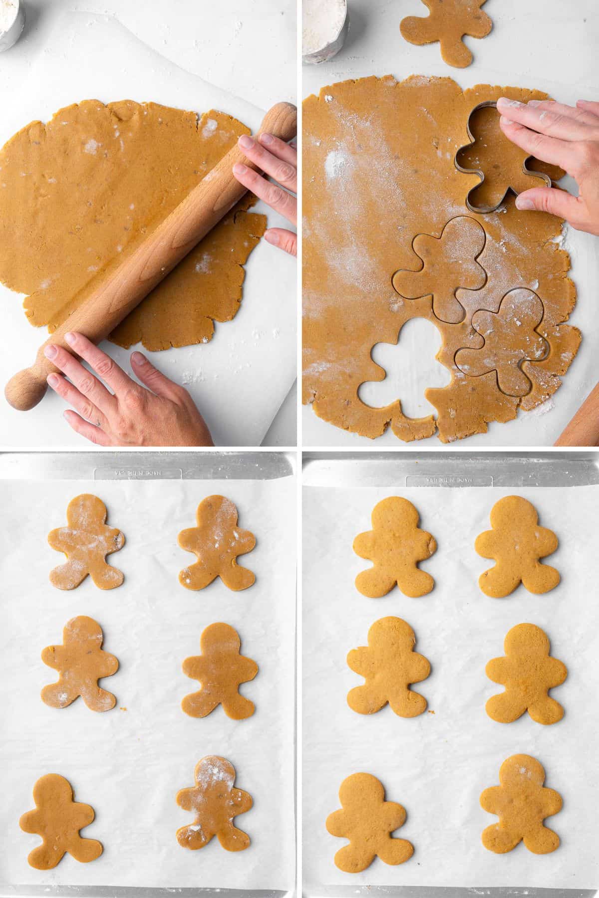 4 image collage preparing dough for baking: 1- rolling out dough with a rolling pin, 2- pressing dough with a cookie cutting, 3- cookie cutter cookies on parchment paper before baking, -4 after baking.