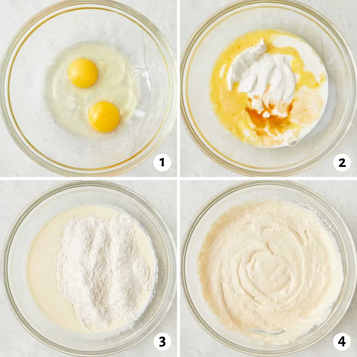 4 image collage making recipe in a bowl: 1- eggs added, 2- after whisking with Greek yogurt and vanilla added, 3- after combining with dry ingredients added on top, 4- final batter.