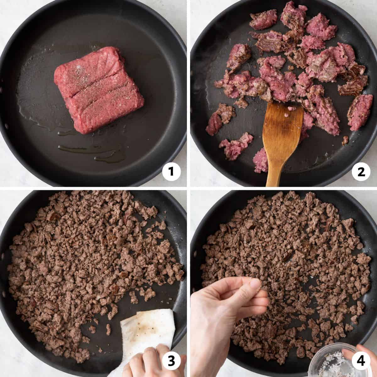 4 image collage making recipe: 1- raw ground beef in an oiled skillet, 2- spatula breaking up partially cooked beef, 3- beef after cooked with a paper towel soaking up the grease from side, 4- sprinkling salt on top.