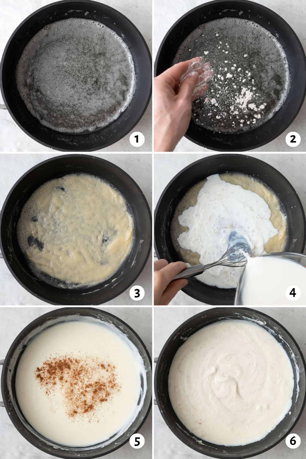 6 image collage making recipe in a pot: 1- melting butter in pot, 2- flour sprinkled into butter, 3- after roux is combined and slightly browned, 4- whisking in milk as it is being poured into roux, 5- after mixed with nutmeg sprinkled on top, 6- after fully combined.