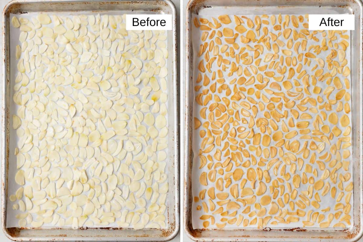 2 image collage of sliced garlic on a baking sheet before and after dehydrating.