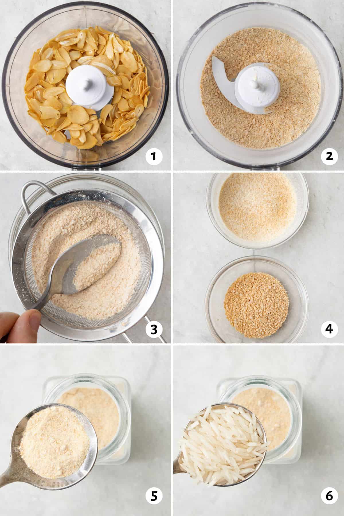 6 image collage making spice: 1- dried garlic slices in a food processor, 2- after grinding into powder, 3- sifting powder over a bowl, 4- bowl of garlic powder and garlic granules, 5- spoon adding garlic powder to a spice jar, 6- adding rice to jar.