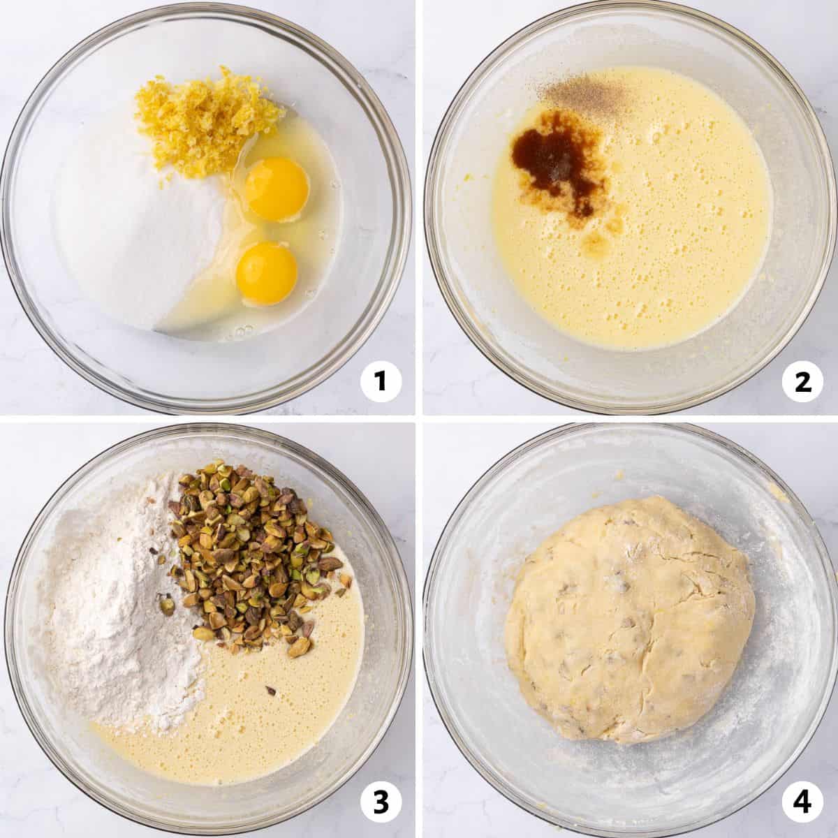 4 image collage making recipe in a bowl: 1- eggs, sugar, and lemon zest added, 2- after mixing with vanilla added, 3- flour and pistachios added, 4- dough after mixing.