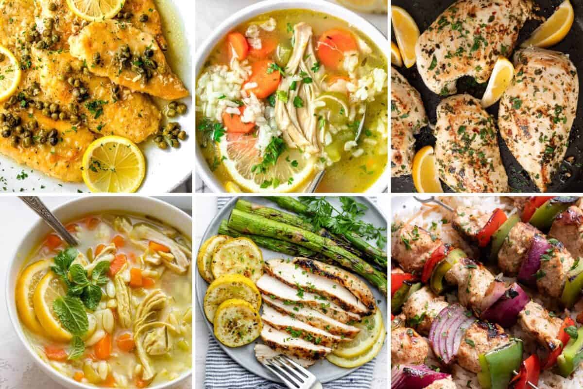 6 image collage of chicken recipes.