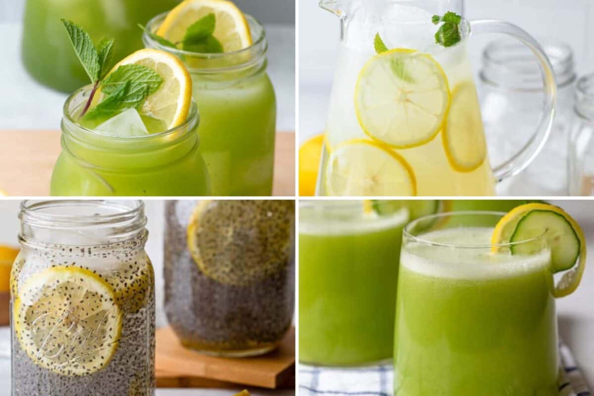 4 image collage of lemon drinks.